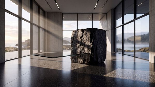 Minimalist architectural interior with monolithic stone and glass representing executive decision-making.