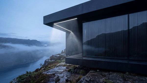 Minimalist dark graphite architectural pavilion with a linear beam of light, representing structural clarity.
