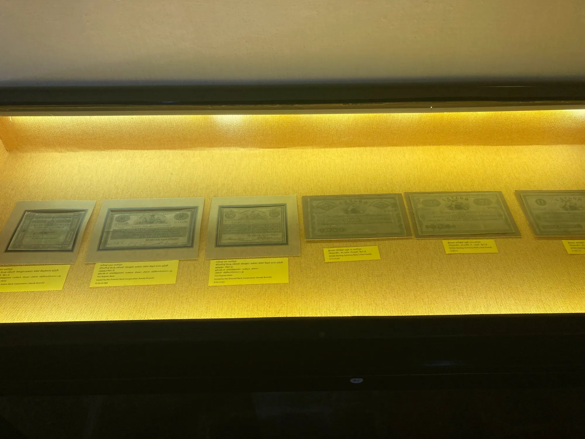 Currency notes used under the British rule, displayed at the Kandy National Museum