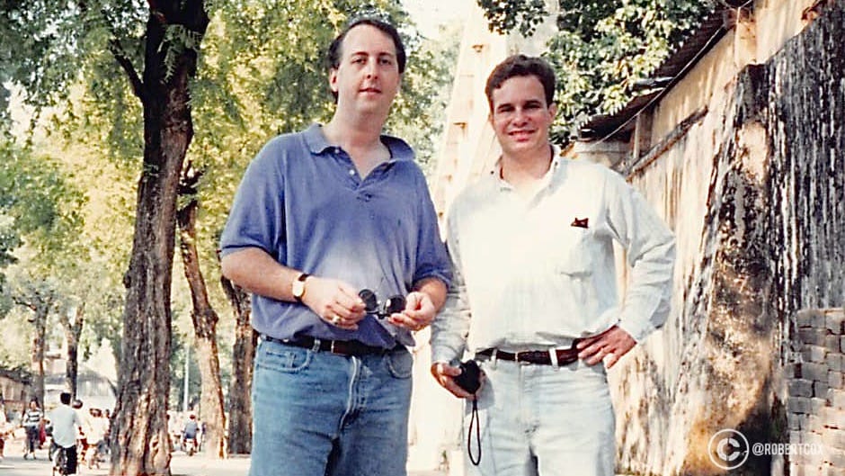 Me and the translator on a tree-lined street near Nguyễn Huệ Boulevard where the parade took place. I do not recall who took this photo but obviously it wasn’t us. (April 30, 1995)
