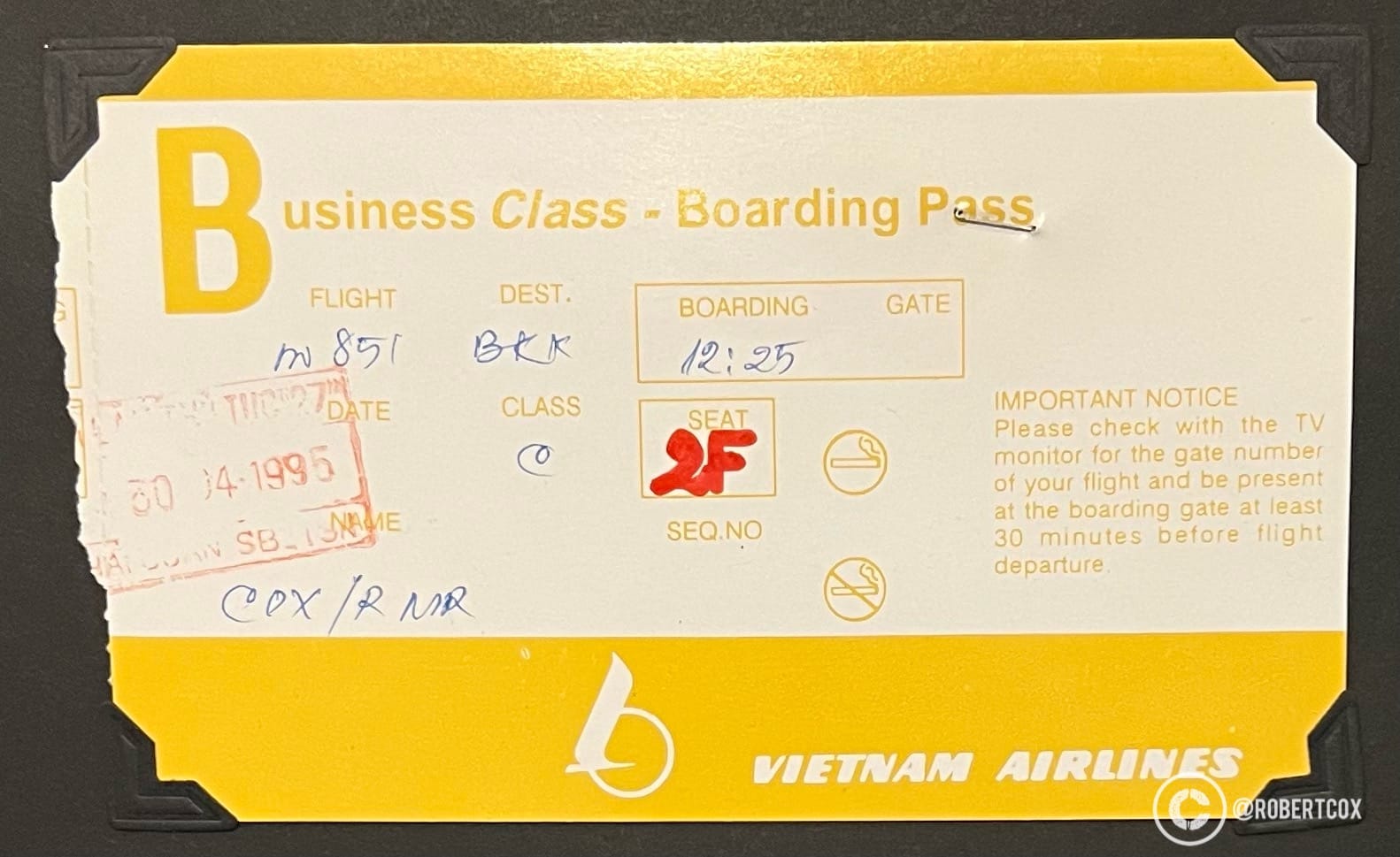 Vietnam Airlines boarding pass for my flight from Saigon (Ho Chi Minh City) back to Bangkok on April 30, 1995, ending my trip for the 20th anniversary celebrations of the end of the Vietnam War.