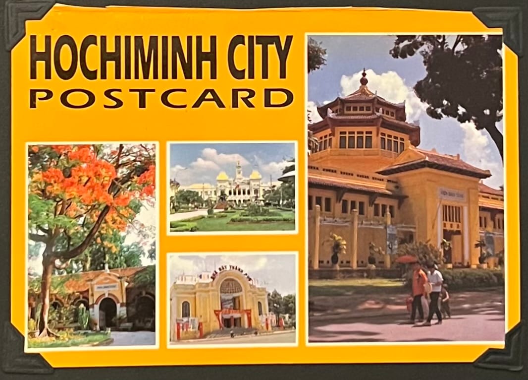 This Ho Chi Minh City postcard from 1995 captures the essence of Saigon during my visit for the 20th anniversary of the end of the Vietnam War, highlighting the historical and cultural sites I explored and the city’s blend of colonial, communist, and natural elements. As a keepsake from a time when few Americans visited Vietnam, this postcard serves as a tangible reminder of my journey to a city on the cusp of change. (April 30, 1995)