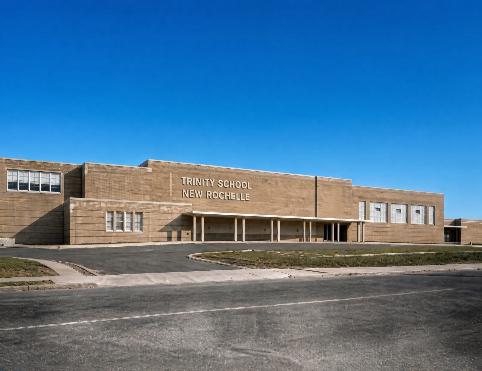 AI-enhanced colorized version of Trinity School at 180 Pelham Road, NRPL (Dominick Bruzzese Collection) image c. 1957.