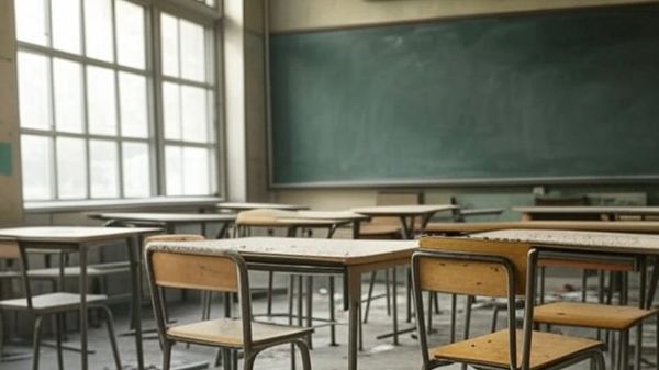 An empty school classroom with a blank green chalkboard at the front with papers and debris strewn across the floor.