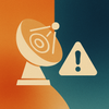Radar dish scanning toward an exclamation mark on an orange-to-teal gradient background