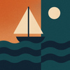 Cream sailboat with triangular sail above wavy navy lines on a split warm orange and deep teal background