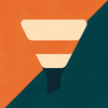 Stacked cream and orange trapezoids forming a funnel shape narrowing downward on a diagonal orange and teal background
