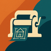 Cream mimeograph machine with side crank producing cream house blueprint on curvilinear split warm orange and deep teal background