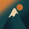 Cream snow-capped mountain peak with warm orange sun on an orange-to-teal gradient background
