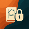 Cream document with house blueprint beside cream padlock on curvilinear split warm orange and deep teal background