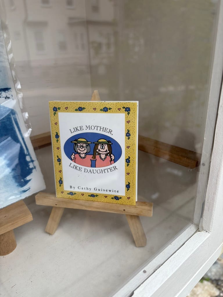 photo of a small Cathy comic collection on an easel inside a little free art gallery