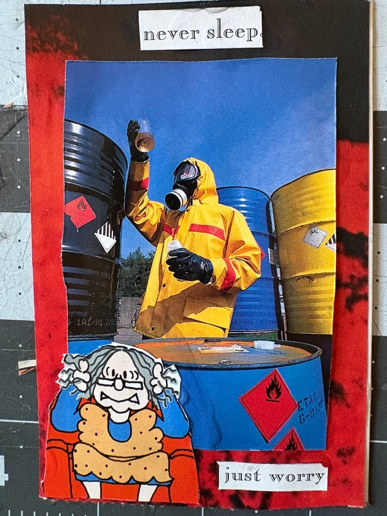 photo of a collage titled "Cathy In Crisis #1" that features the mother of comic strip character Cathy sitting anxiously in front of a person reviewing hazardous waste materials