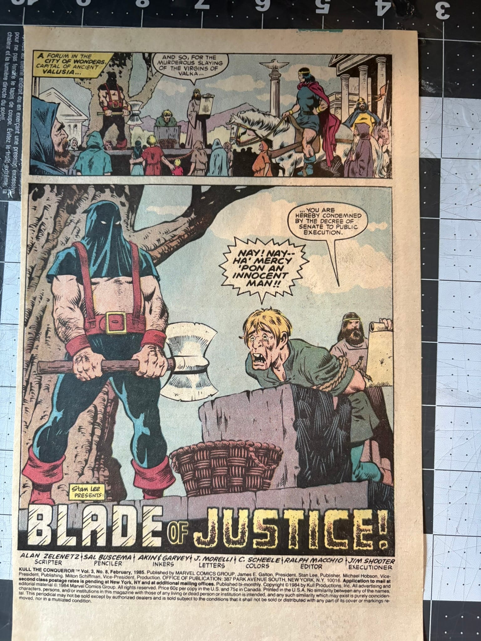 Photo of the first page of a Kull The Conqueror comic book story titled "Blade of Justice!" At the center of the image is an executioner holding an axe, waiting to behead a man who is anxiously screaming that he is innocent.