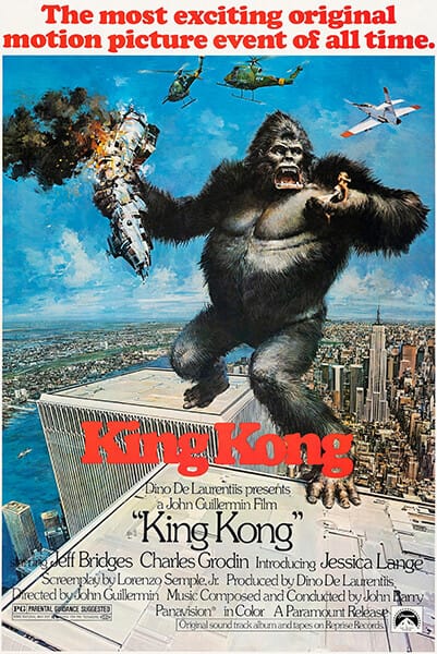 poster artwork for King Kong 1976, featuring Kong atop the World Trade Center fighting helicopters