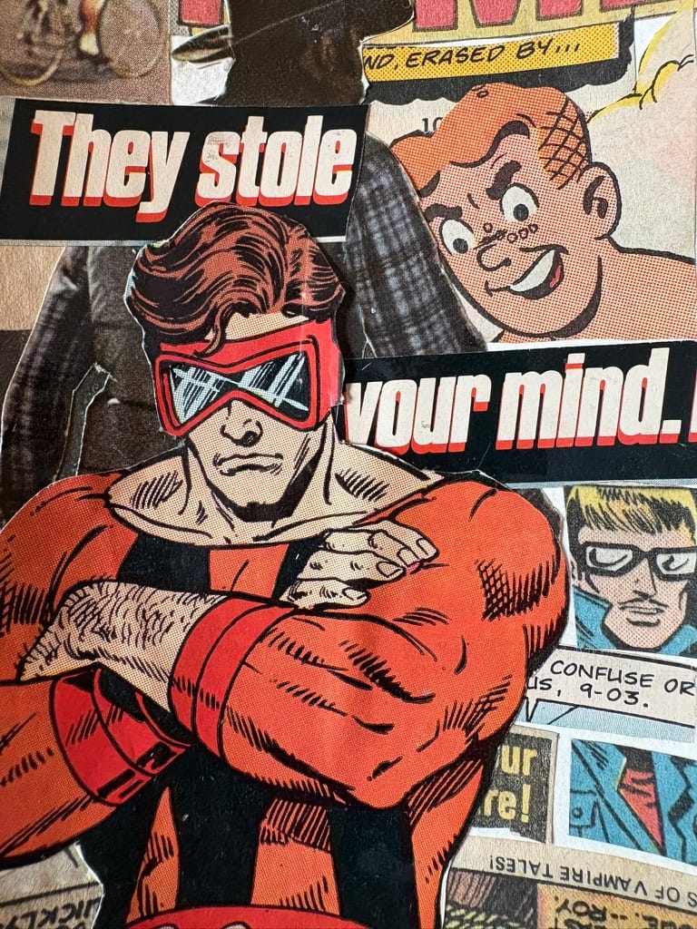 photo of a collage featuring a man in weird goggles looking ahead and a busy background featuring the head of Archie Andrews and various text