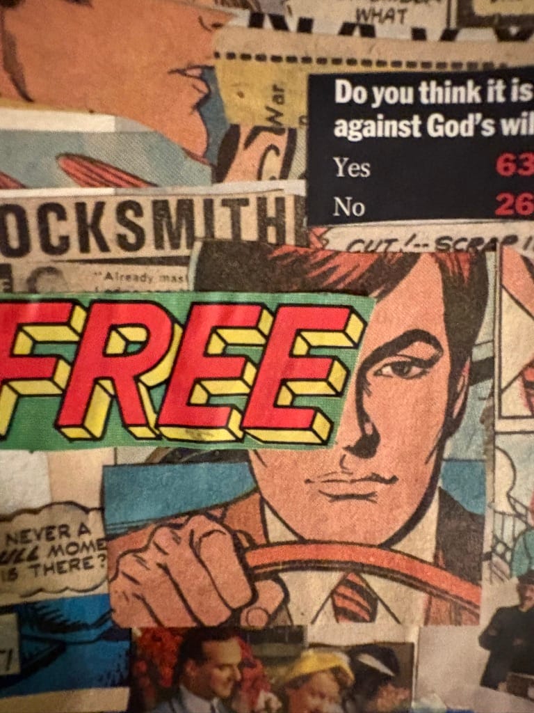 photo of a collage featuring a man driving in the center, the word "Free" layered over a part of his face, and various busy colors and images in the background