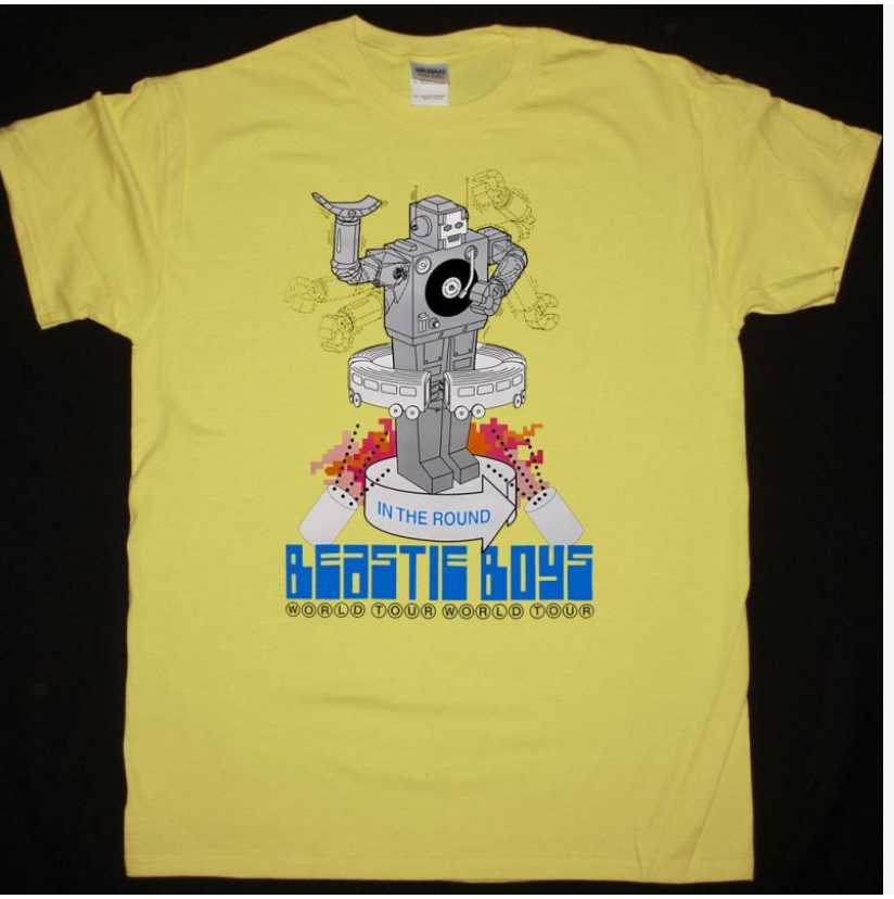 yellow Beastie Boys tour shirt featuring a cool robot dancing