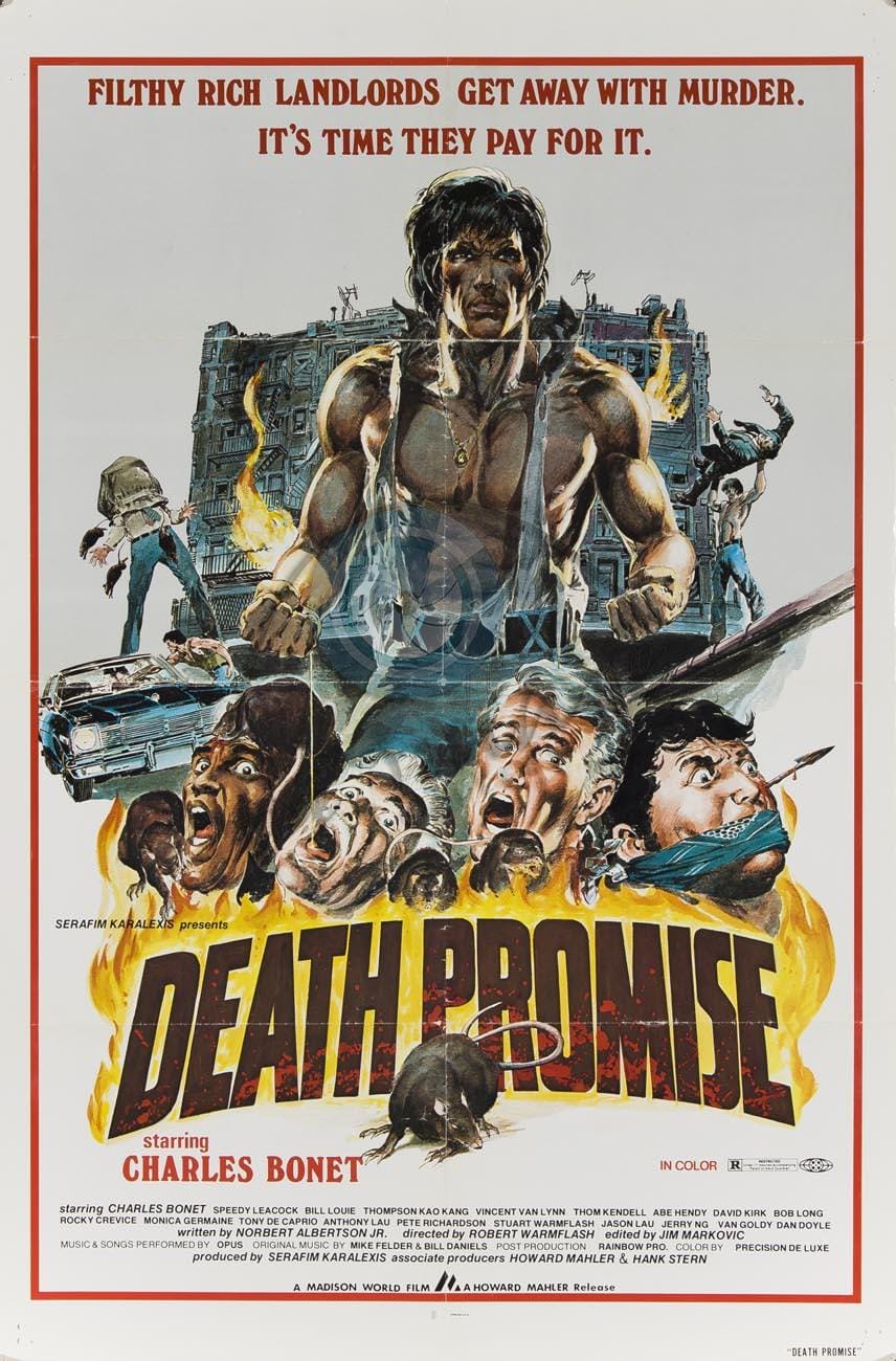 movie poster for Death Promise, featuring a cool guy scaring evil landlords and a giant rat