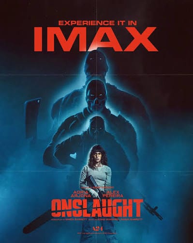 movie poster for Onslaught, featuring a woman holding a gun and three shadowy soliders behind her