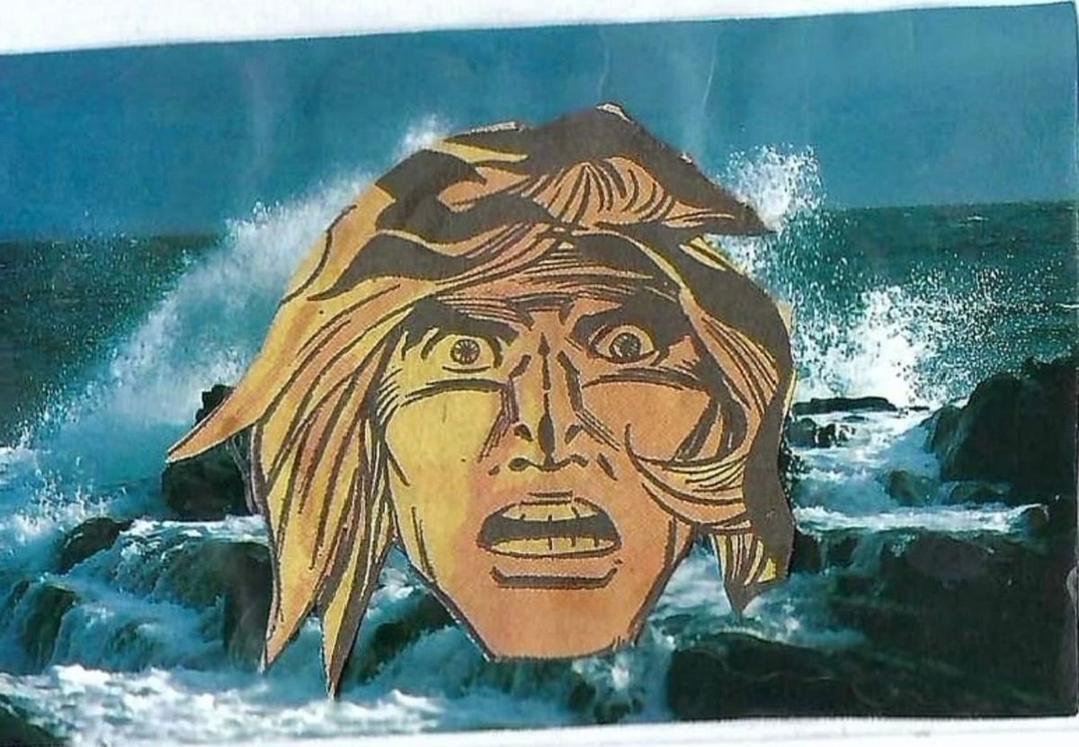 photo of a collage with waves crashing on rocks in the background and a comic book character's head looking concerned in the foreground