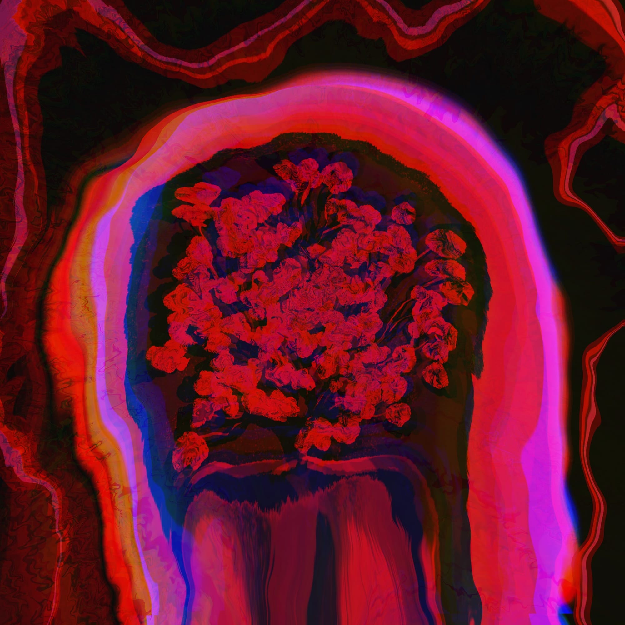 Canvas drenched in warm, blood red hues, it cascades over a center form, an abstract bouquet of withering roses under a glass cloche.