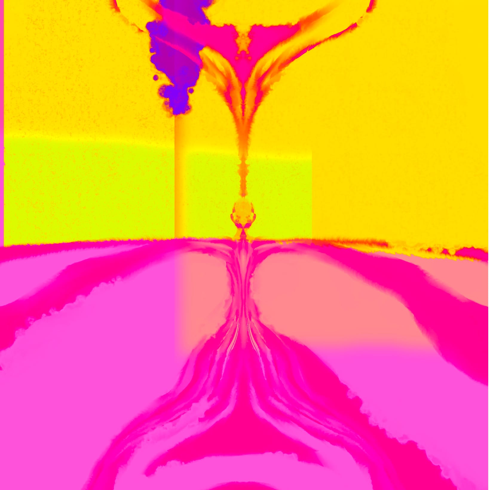 THe paining is divided horizontally by bight blocks of yellow and pink. In the center, an abstract human form appears seated, reaching out, arms, legs, and a stream of color on top of the head are magnified and distorted as they reach the edge.