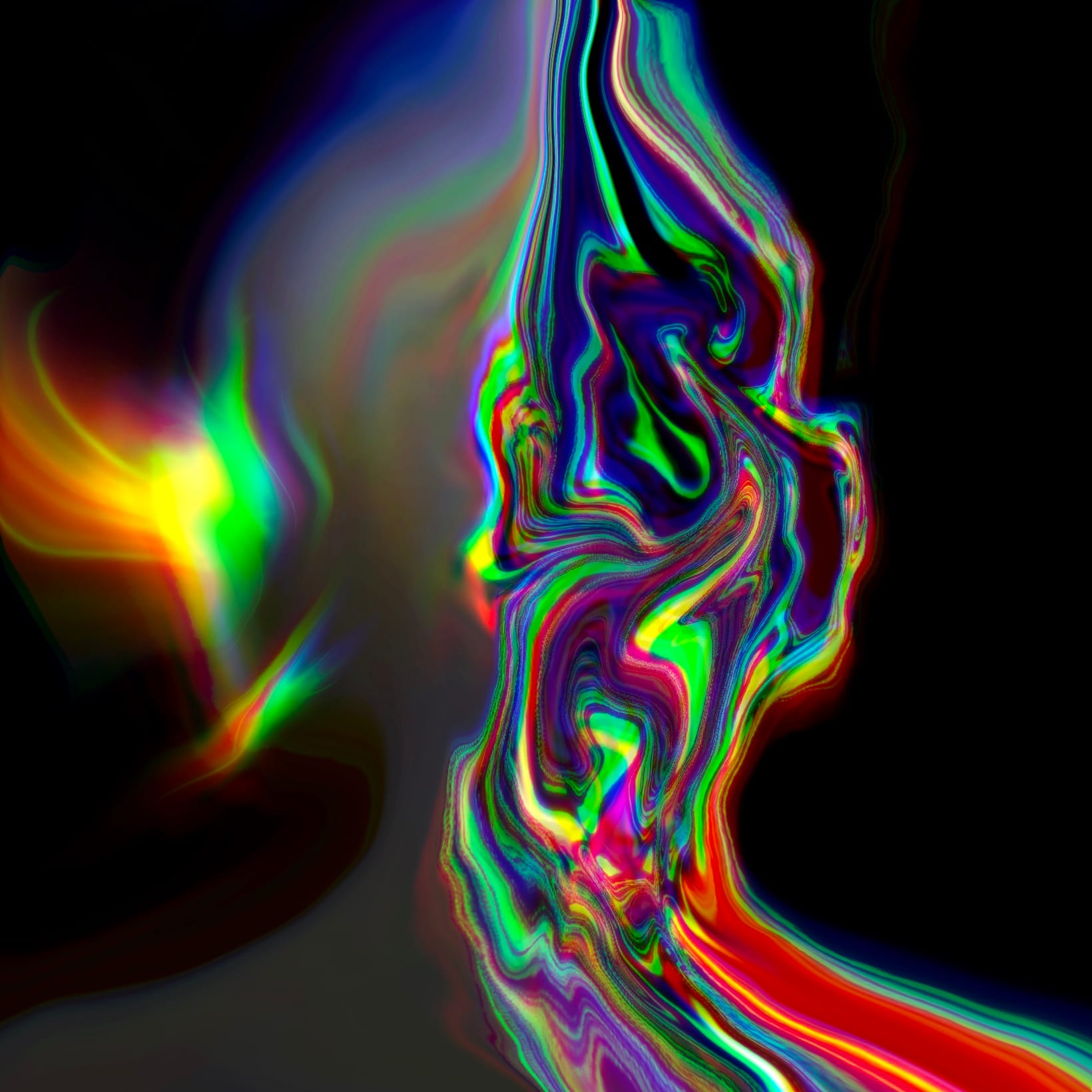 Alt Text: The back of a human head, ears, neck, and shoulder forms are visible but in shadow. Layered on the right side is an intense array of neon rainbow swirls and flows in rippling waves extending upward out of the frame. To the left an intense flash of light explores out of the left ear.