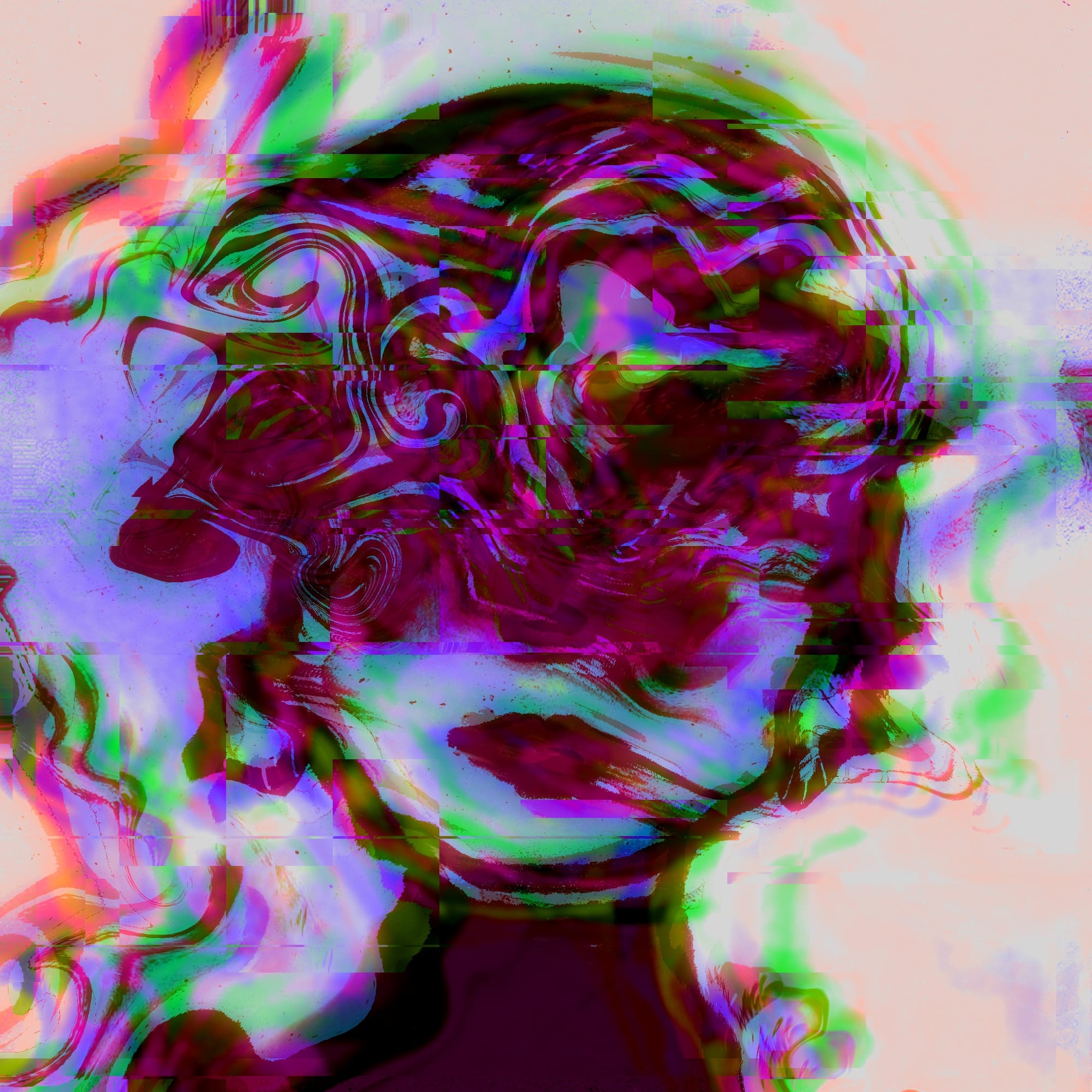 The form of a woman neck and head are framed like a portrait. The form feels constantly in motion and off balance, shifting and twirling toward the left. It's as if the woman is merging into the swirls and glitches that cover her eyes.