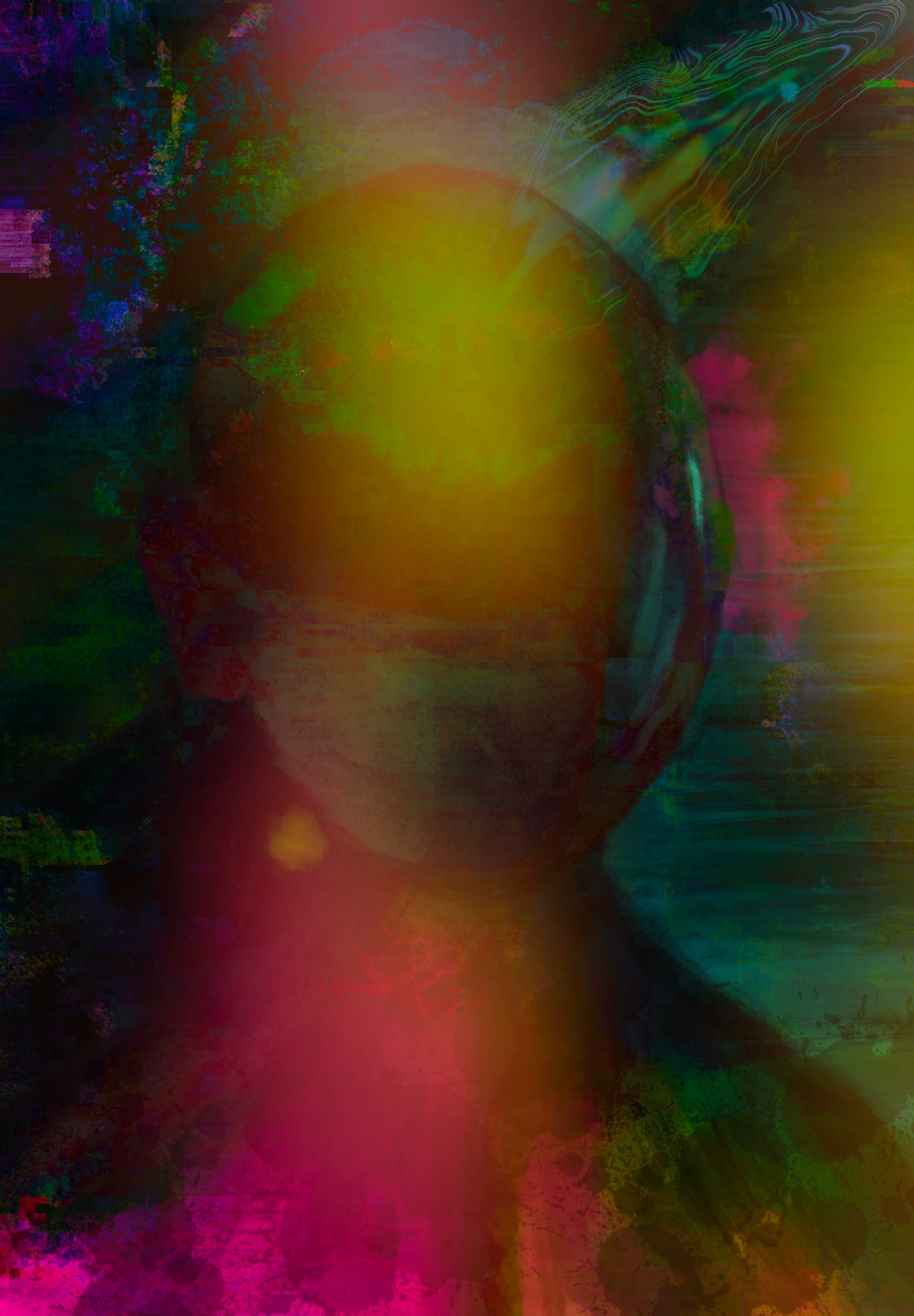 A faceless metallic figure at 3/4 length (shoulders and head), details obscured in shadow, drenched in colorful neon light. A bright spot near the top of the head draws the eye.