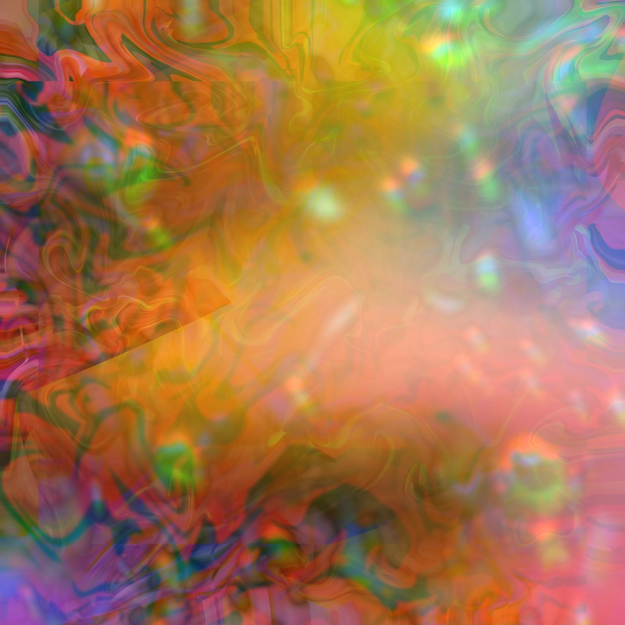 Translucent orbs and particles float above swirls of warm colors and reflections.