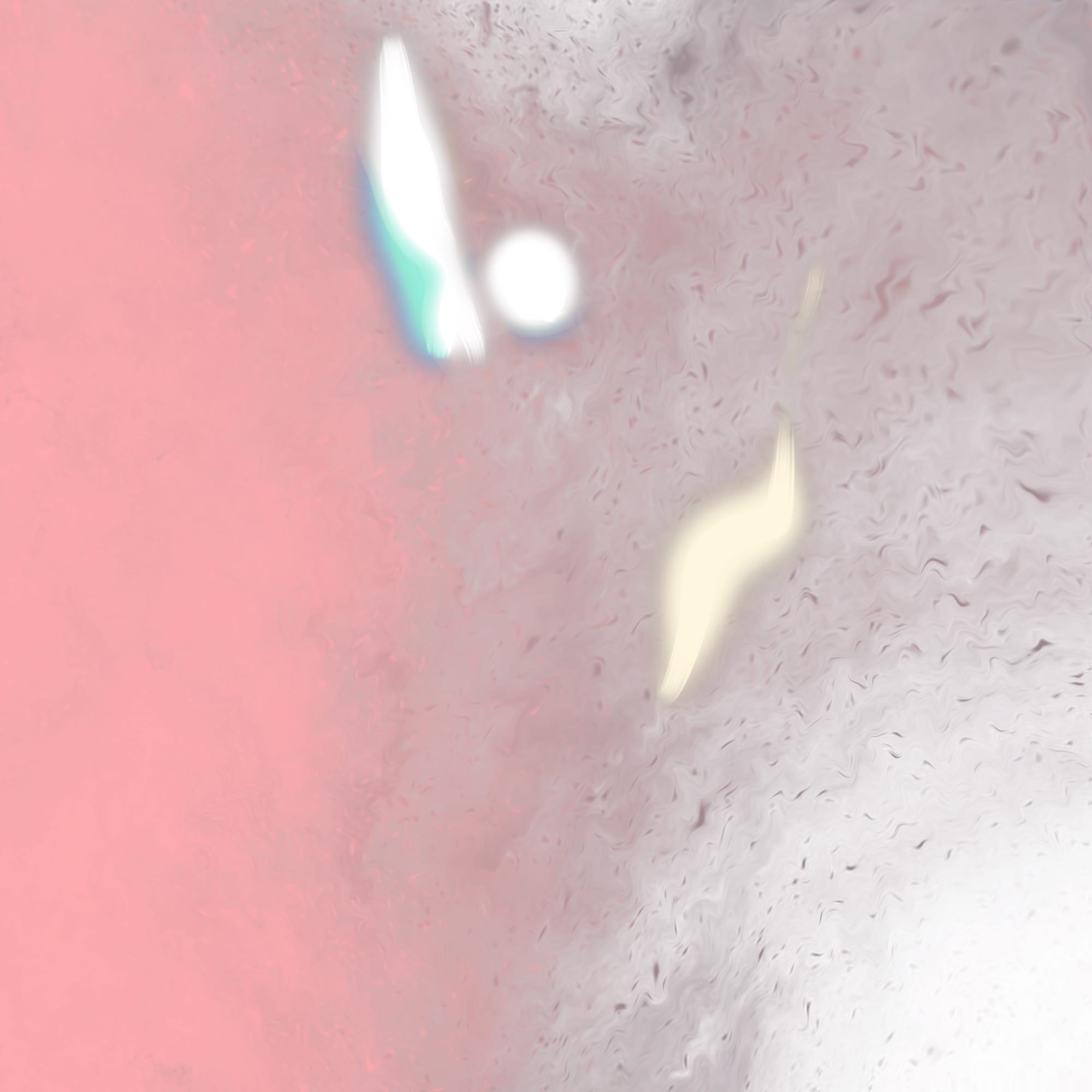 Hundreds of small particles are layered on top of a lightly saturated background. In the foreground, three much larger/brighter particles take center stage, floating above the rest.