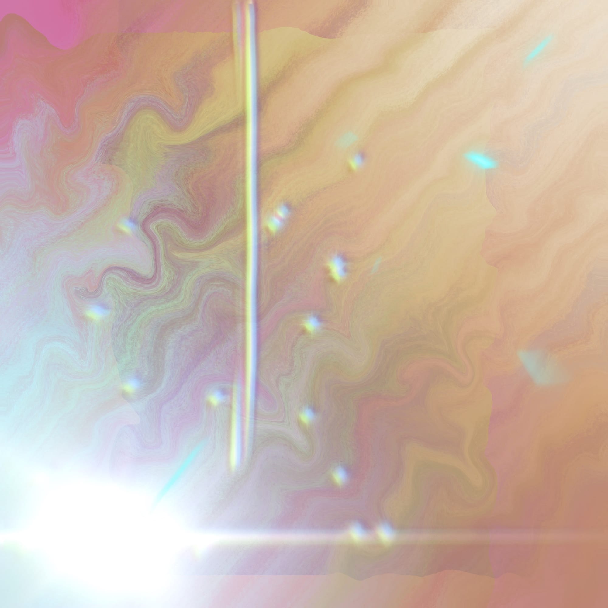 Swirling earthy colors with hazy bright spot in the lower left corner. Sparkling shapes are layered over the blurred background, beginning at the brightest spot and working their way outward. across the canvas.