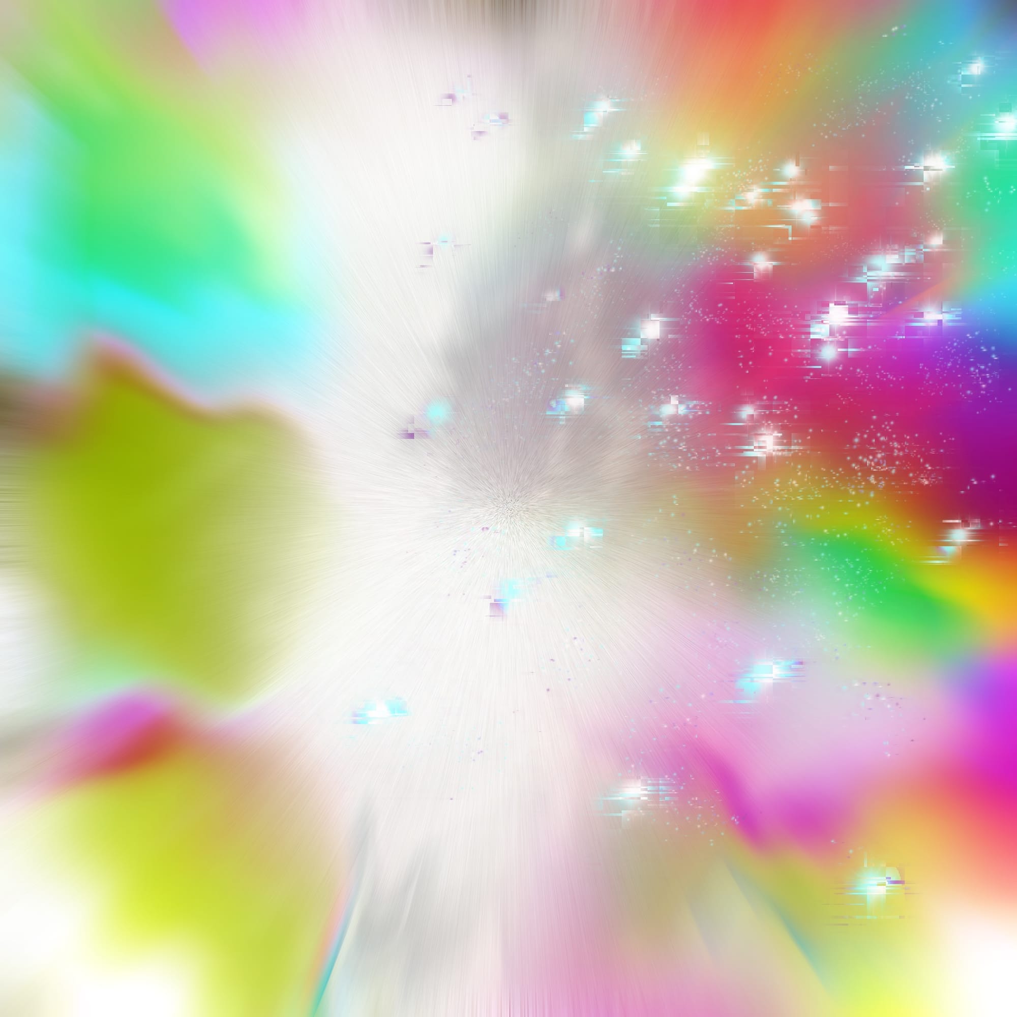Swirling rainbow colors with hazy bright spot at the center. Bright sparkling shapes are layered over the blurred background, spreading to the upper right corner.