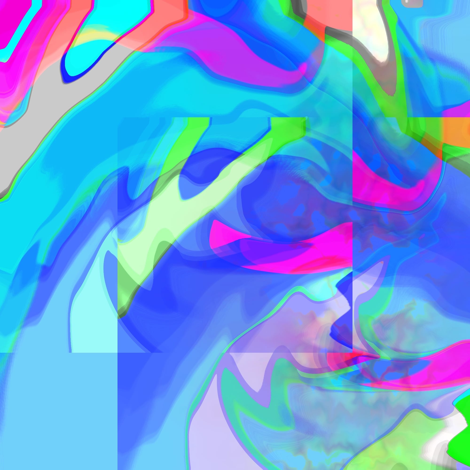 Cool colored swirls of shimmering light and rainbow reflections seem to bounce off and through translucent squares