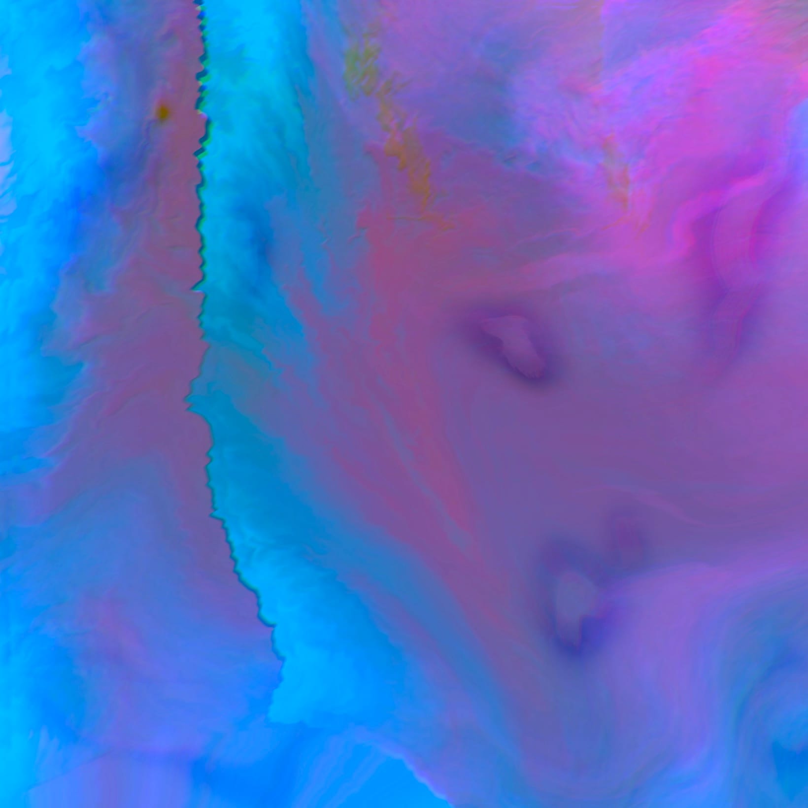 Waves of cool hues flow gently across the left side of the canvas, edges glowing in bright blue hues. in the foreground, translucent orbs and their shadows obscure small portions toward the right edge of the canvas. 