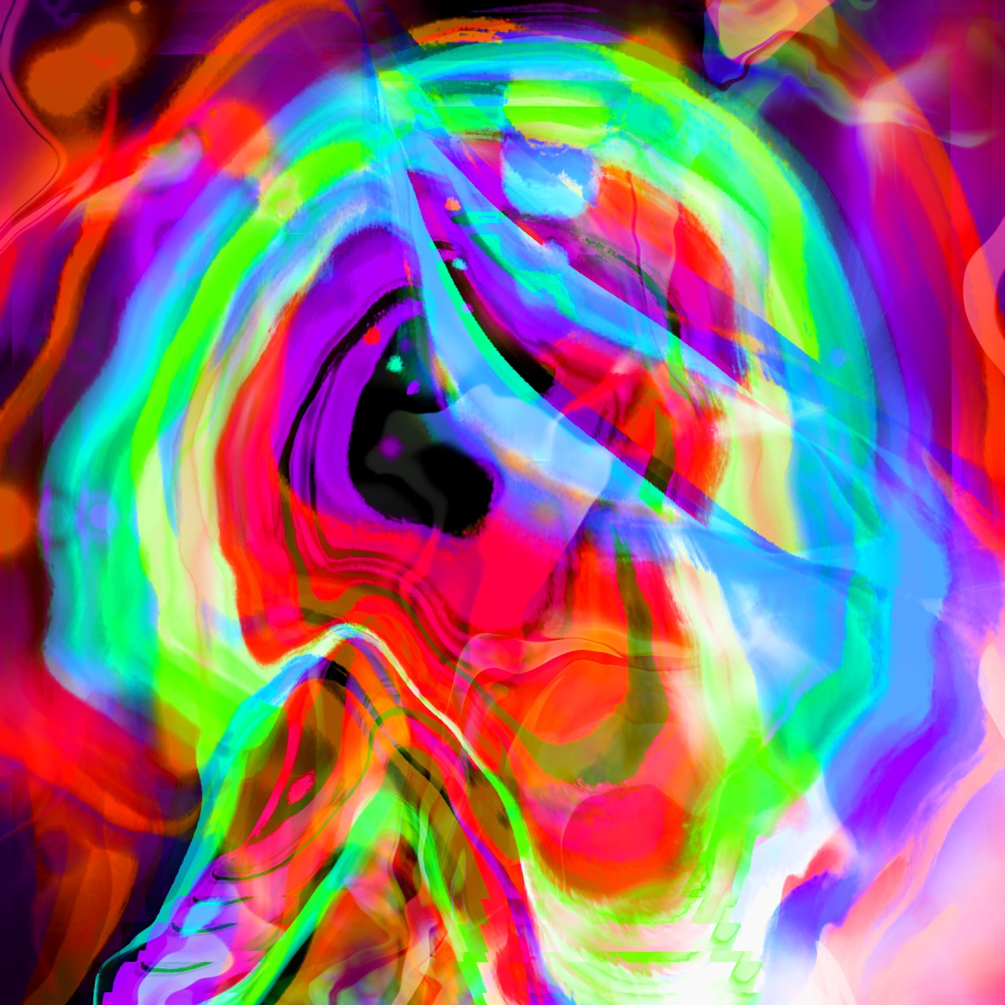 Swirls of vibrant colors emerge from the center of the canvas where a shape resembling an eye peels with transparent layers of color.