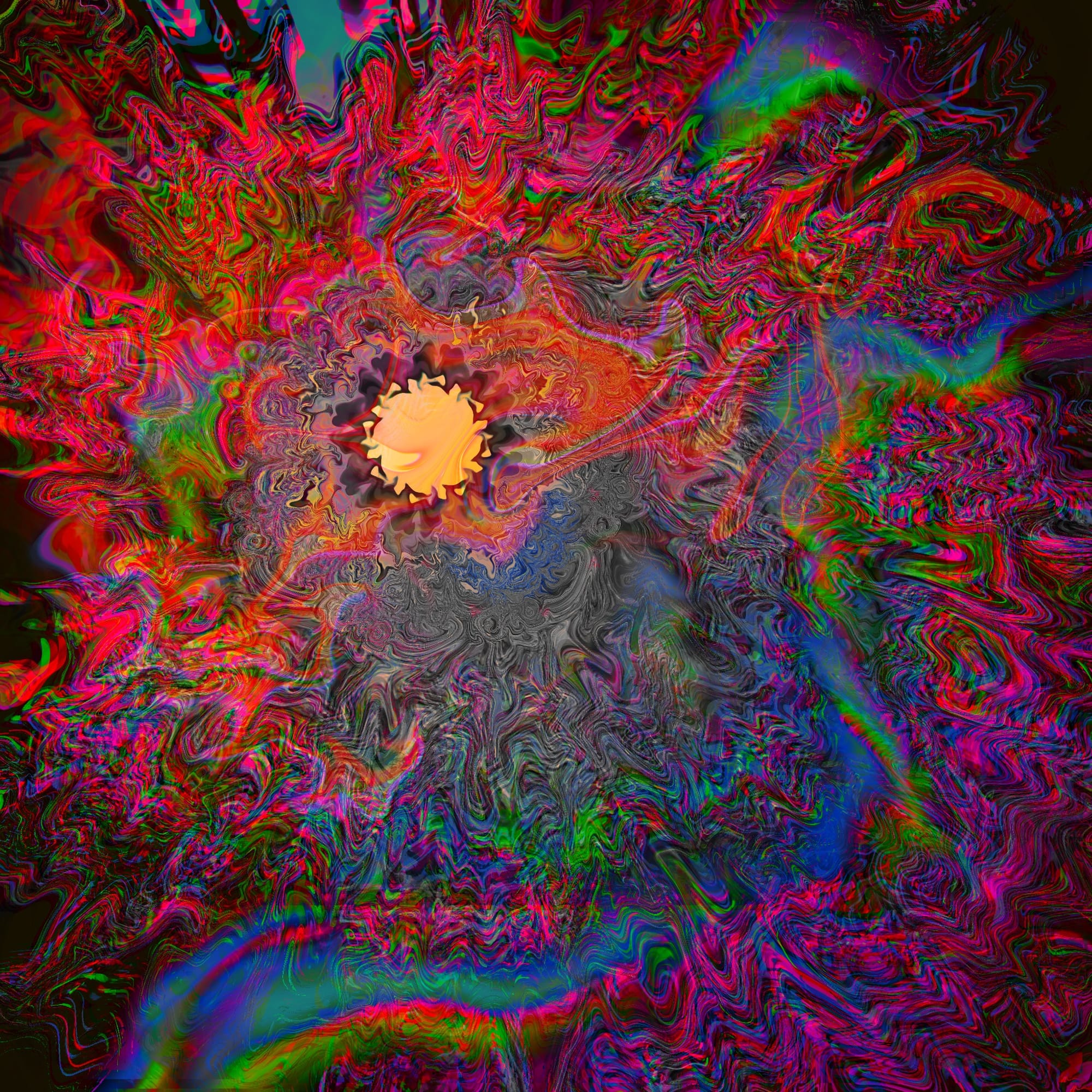 A sunburst shape is featured prominently to the top right center of the canvas, from there, layers of vibrant colors swirl in kaleidoscopic patterns and swirls 