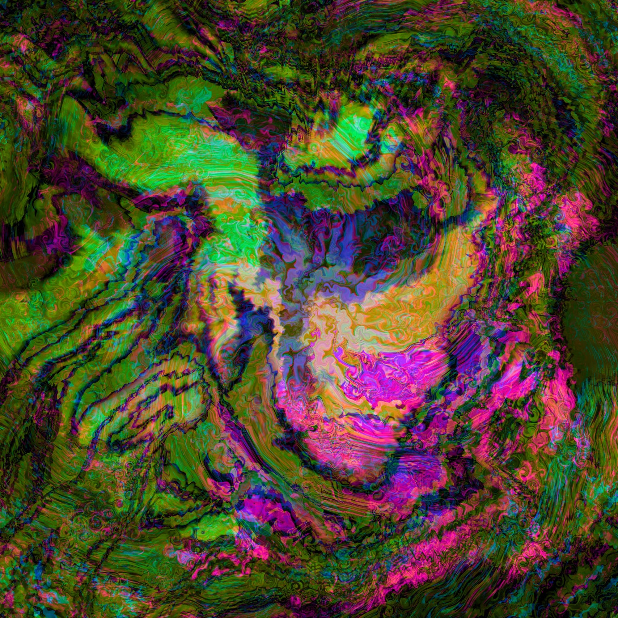 Swirls of mossy, darkened color surround a small bright patch near the center, as if peering through a forest window toward a sunlit meadow