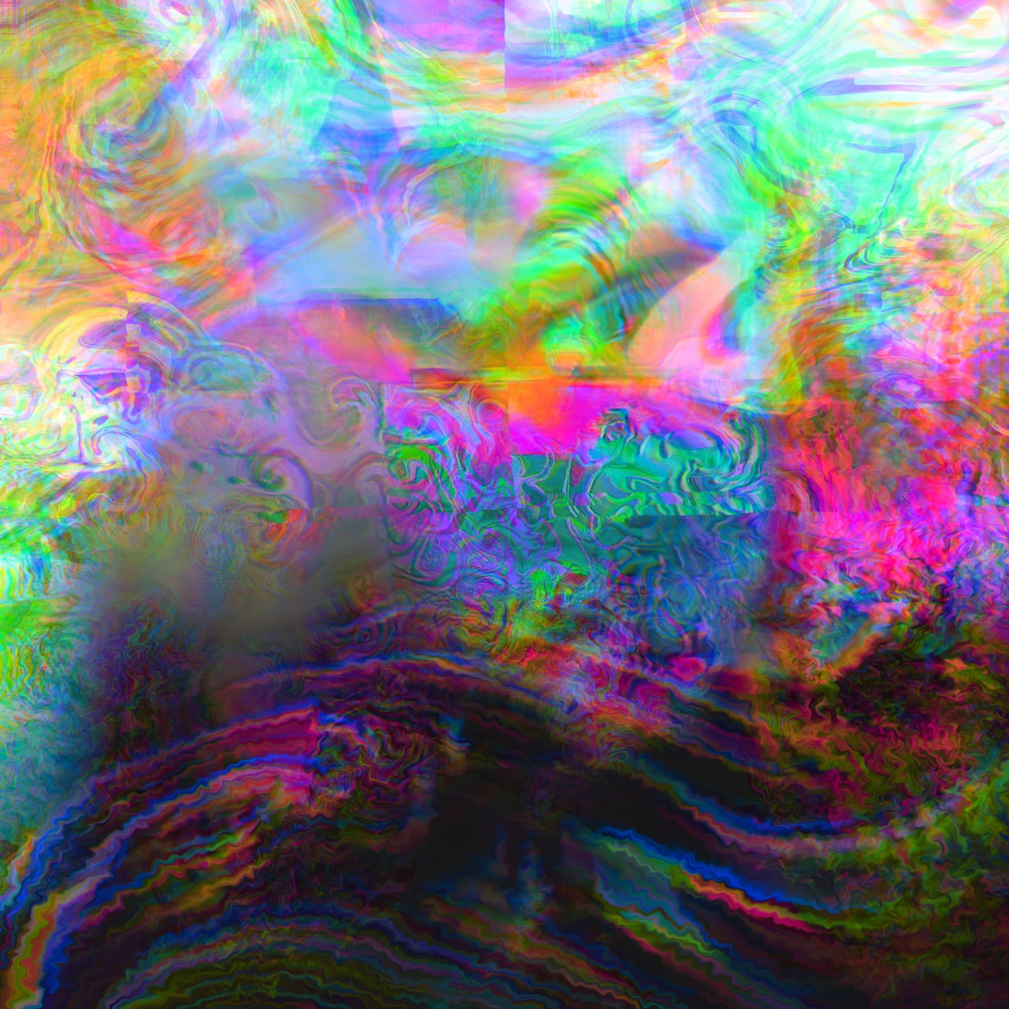 Series of small overlapping swirls of color and shadow is layered with glitches blocky spaces that magnify and disorient the canvas in unpredictable ways 