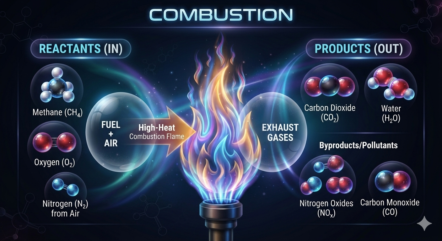 Diagram of natural gas combustion and by-products.