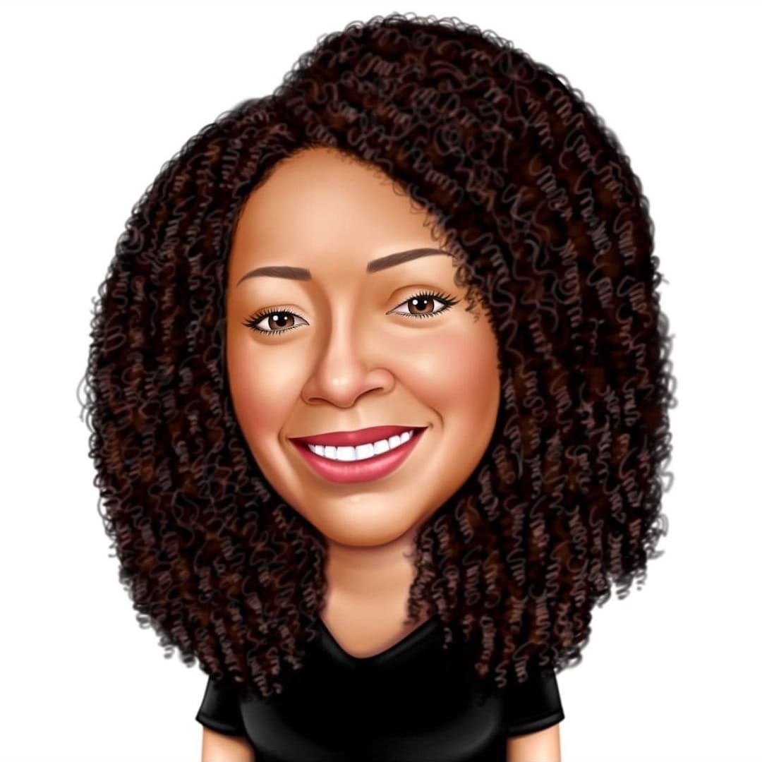 Cartoon drawing of site author Jess Read. Jess is a lightskin woman with curly brown hair wearing a black t-shirt in front of a white background.