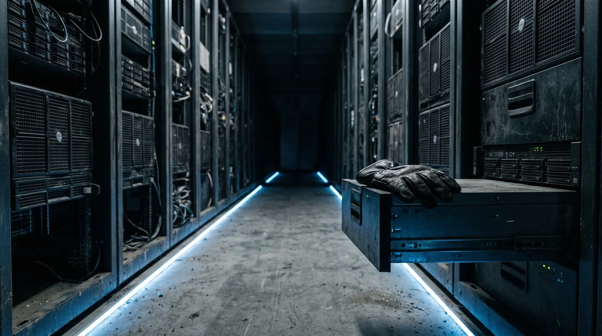 Ondergrondse serverruimte met rijen zwarte servers en blauwe neon-verlichting op de vloer