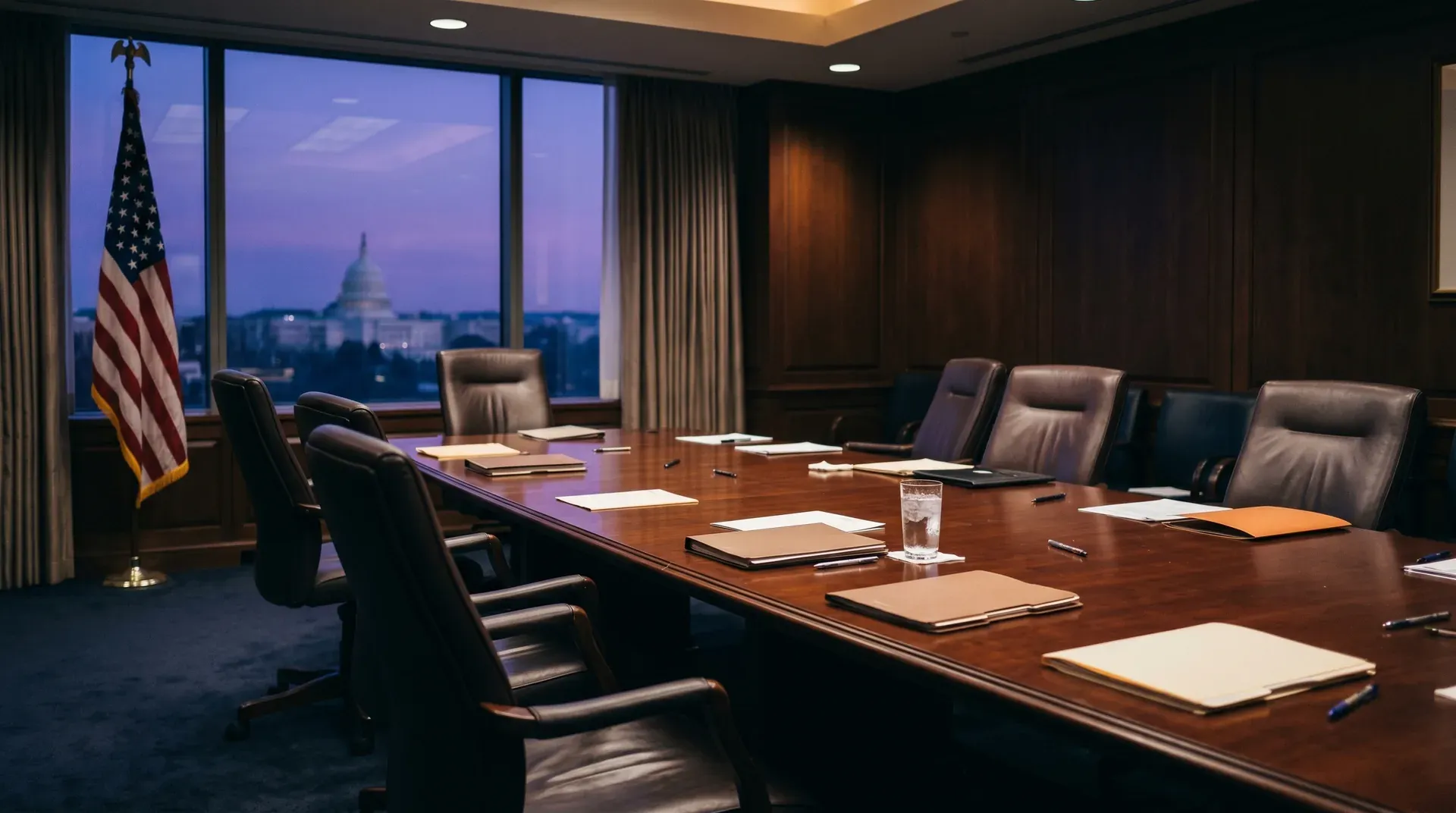 Conferentiezaal met Amerikaanse vlag en uitzicht op het Capitool bij schemering, houten tafel met documenten
