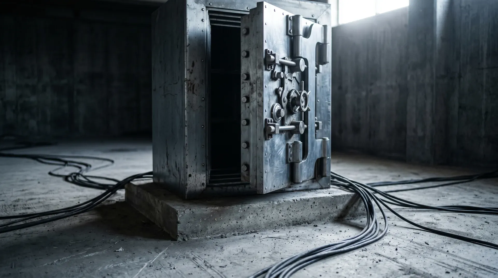 Industriële kluis met complexe slotmechanisme in betonnen bunker met elektrische kabels