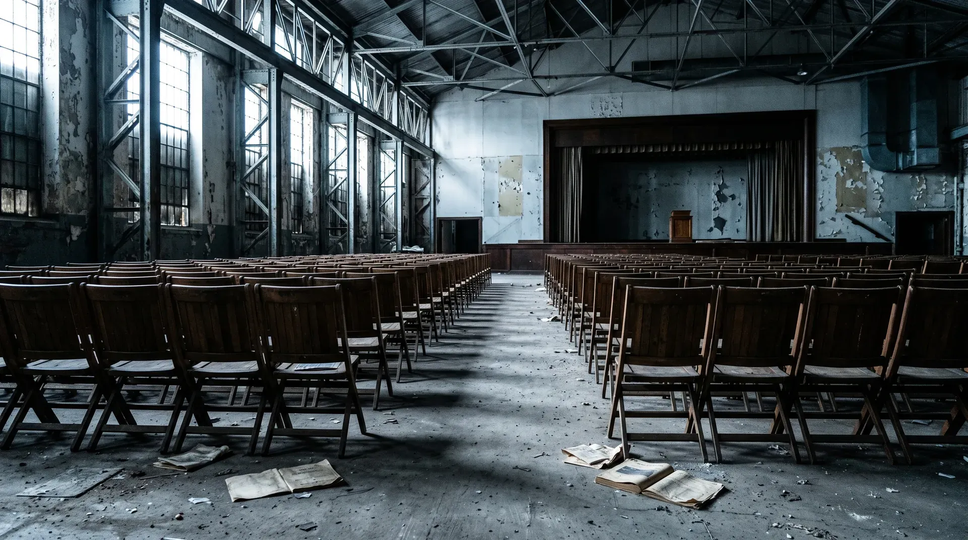Verlaten auditoriumbinnenruimte met houten stoelen in rijen gericht op podium met metalen constructie
