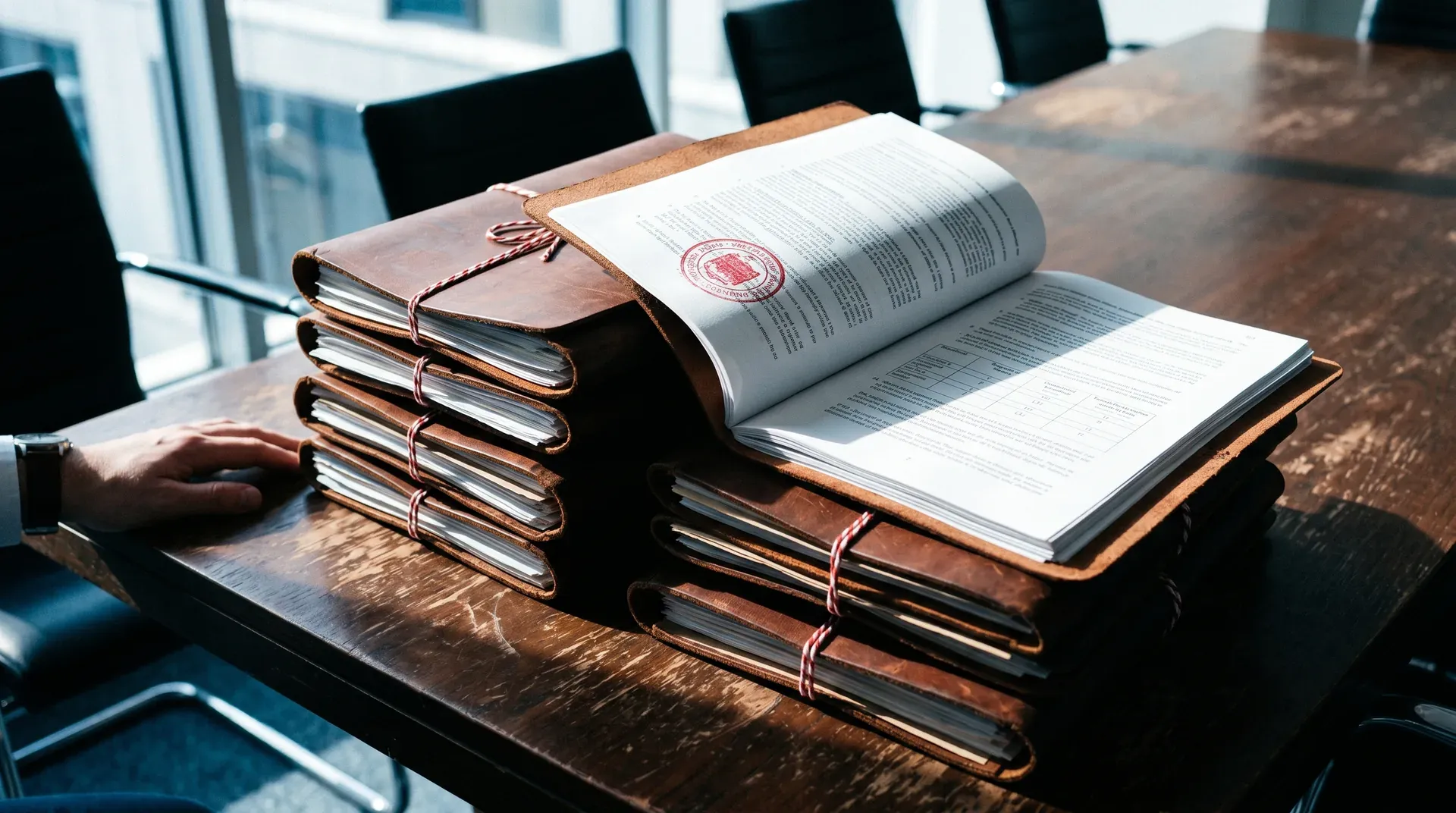 Stapel bruinleren notitieboeken met documenten en stempel op houten conferentietafel