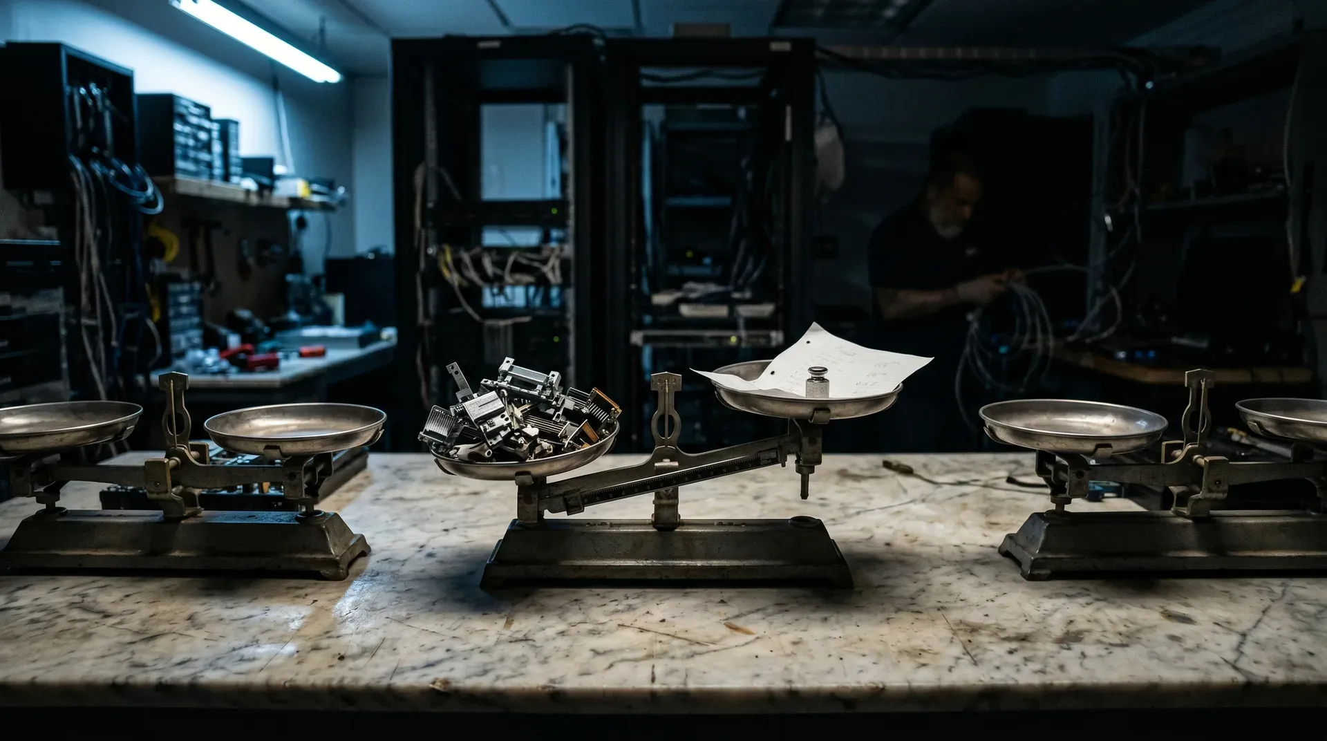 Balansweegschaal met computerchips in het ene bakje en papier in het andere, in een tech-laboratorium