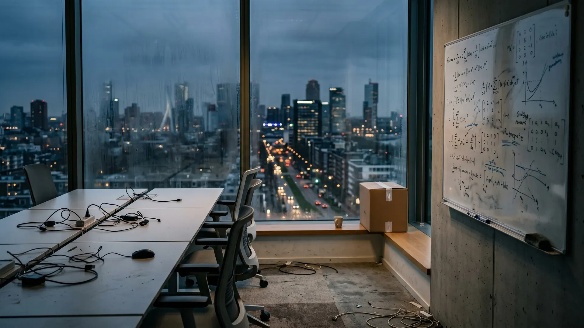 Leeg kantoor op wolkenkrabber met whiteboard vol wiskundige formules, nachtelijke stadshorizon met verlichte gebouwen