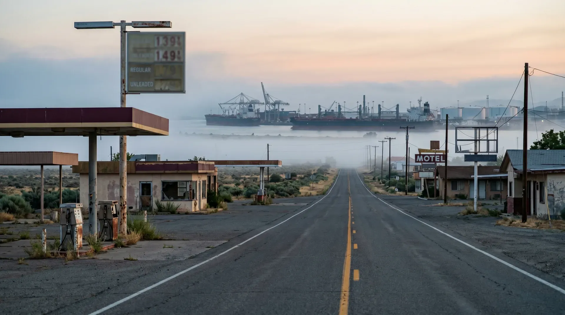 Verlaten Amerikaanse woestijnroute met vervallen benzinestation, motel en scheepswerf in mistige haven op achtergrond