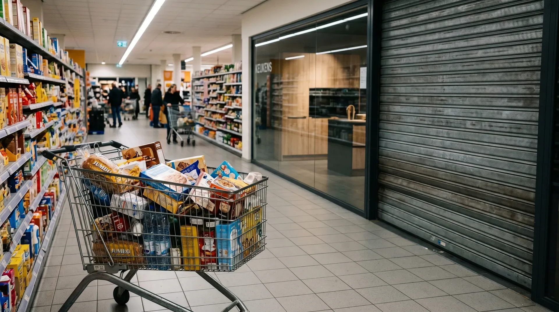 Winkelwagen vol boodschappen in supermarktgang met gesloten koelkasten en klanten op achtergrond